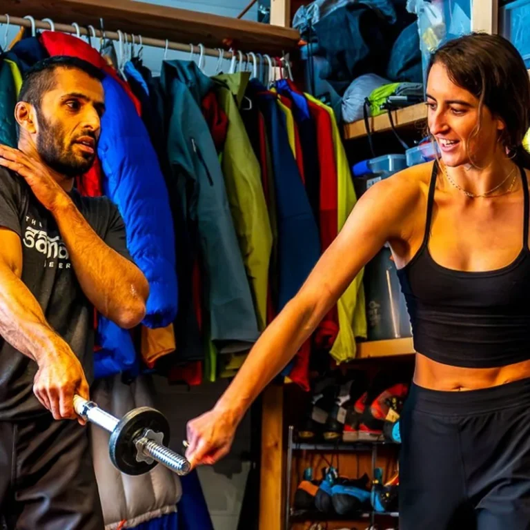 Coach guiding an athlete through a shoulder rotation with a dumbbell